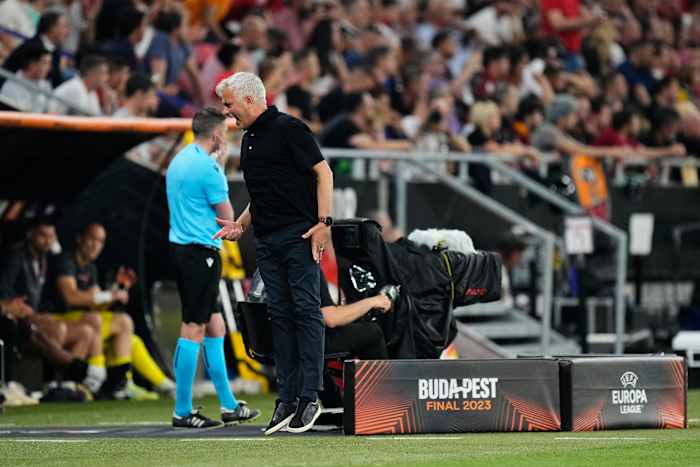 Roma manager Jose Mourinho pictured during the 2023 UEFA Europa League final against Sevilla in Budapest
